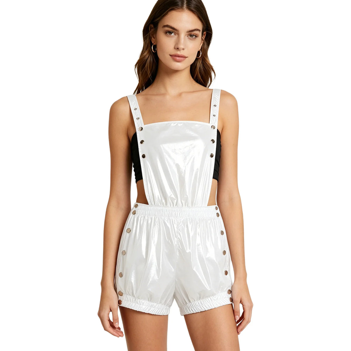 Womens Overalls Romper Snap Button Design for Festival Clubwear Stage Pressing Buttons Ruffled Trims Backless Short Jumpsuit