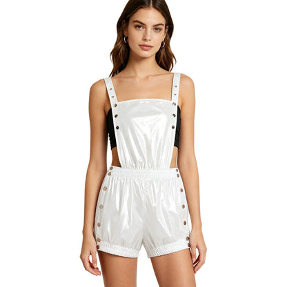 Womens Overalls Romper Snap Button Design for Festival Clubwear Stage Pressing Buttons Ruffled Trims Backless Short Jumpsuit