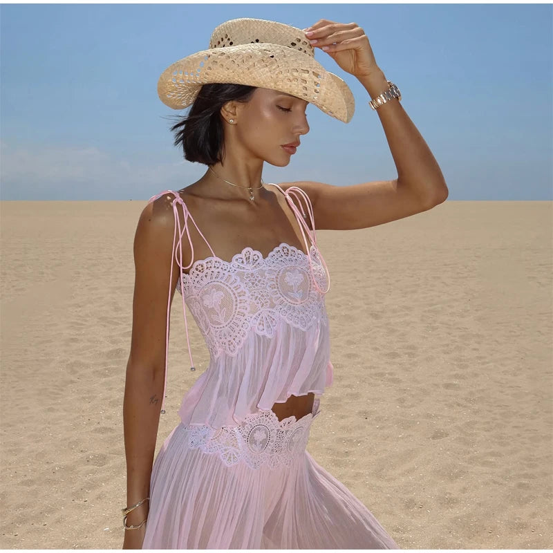 Beach Lace Hollow Out Women's Summer Pants Sets Lace Up Backless Spaghetti Strap Crop Top Loose Pleated Lantern Pant 2026 Suit