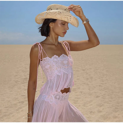 Beach Lace Hollow Out Women's Summer Pants Sets Lace Up Backless Spaghetti Strap Crop Top Loose Pleated Lantern Pant 2026 Suit