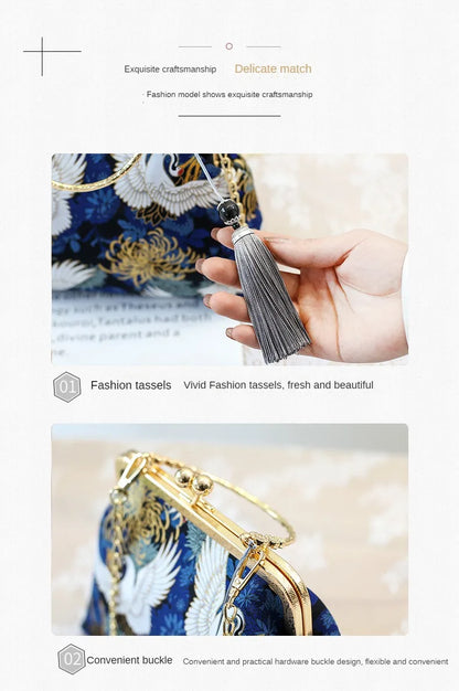 Fashion Vintage Fringe Bag Small Shell Bags Chain Women Shoulder Crossbody Bag Crane Flying Women's Handbags Purses Embroidery
