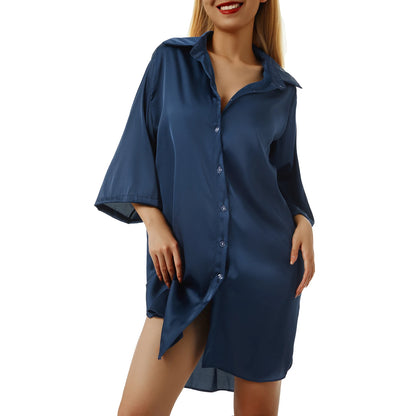 Women Underwear Summer Sleeping  Dress Satin Half Sleeve Single Breasted Fall Loose Nightgowns Home Wear Lounge