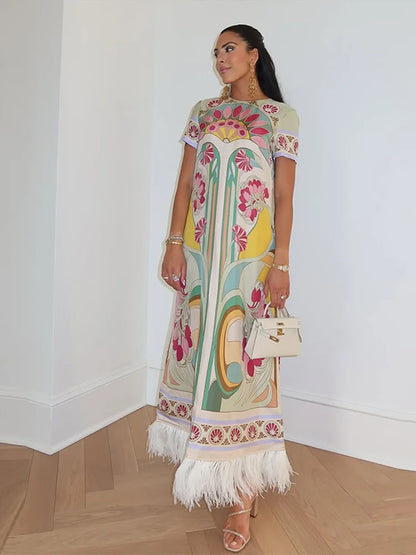 Women Art Floral Print Feather Hem Maxi Dress Short Sleeve Crew Neck Loose Fit Dresses 2026 Summer Fashion Elegant Lady Outwear