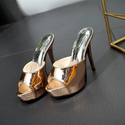 Summer High Heels Mules Designer Brand Golden Sandals Woman 2024 Luxury Platform Party Slides Shoes 12CM Stiletto Women Slippers