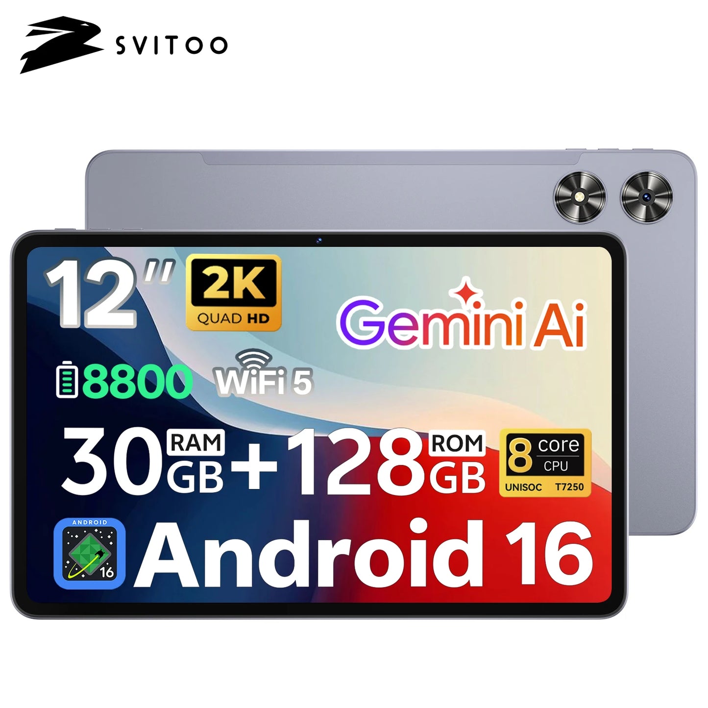 SVITOO Tablet 2026 Android 16 12 Inch 2000 x 1200 2K Display IPS Large Screen Unisoc T7250 Octa-Core Processor 6GB Physical RAM + 24GB Virtual RAM 128GB ROM 1TB Expandable 8800mAh Battery 2.4GHz 5GHz Dual Band WiFi 5 Bluetoot