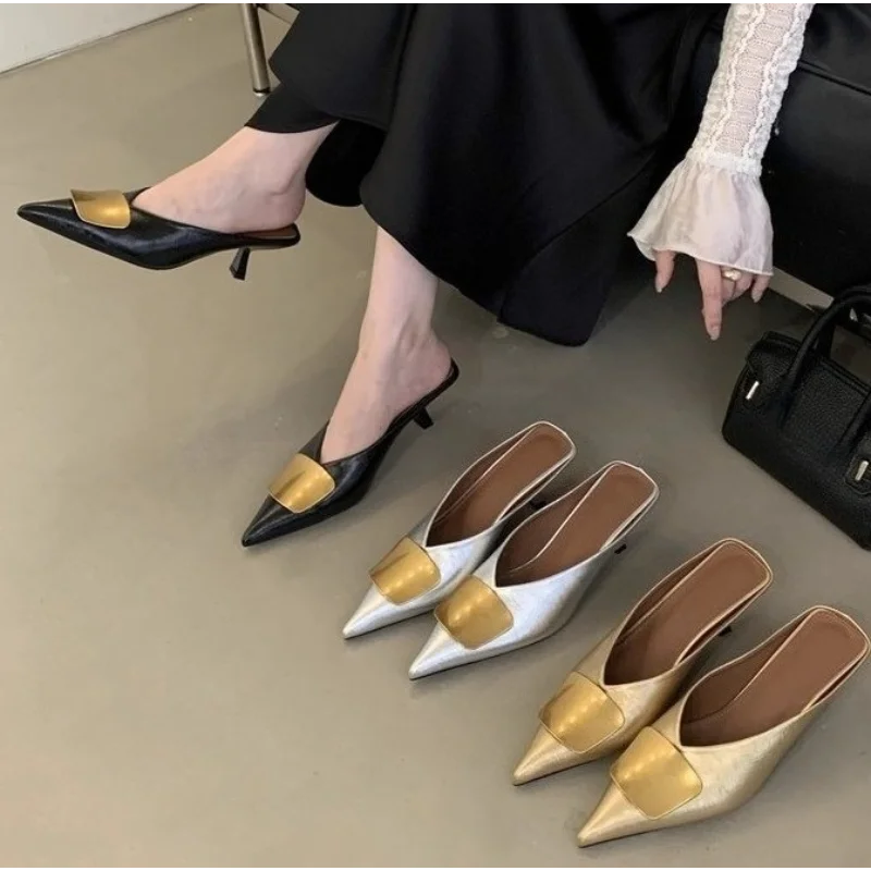 Luxury Women Slippers High Heels Mules Shoes Pointed Toe Heeled Sandals Elegant Party Slides Summer Designer Mujer Zaoatos