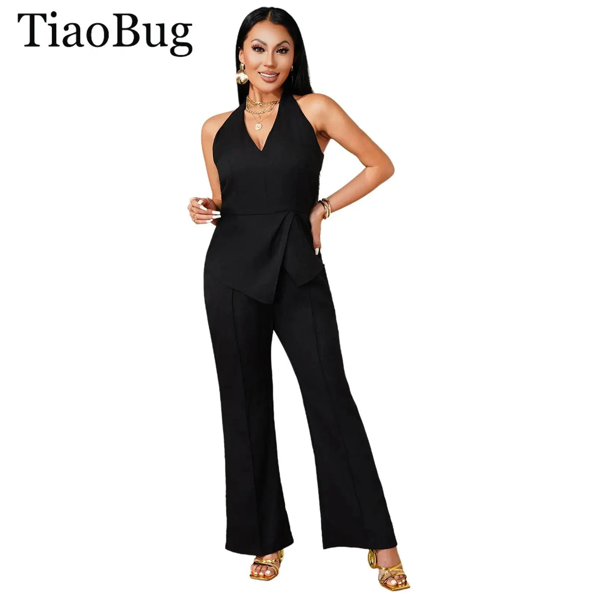 Summer Vacation Women V-neck Sleeveless Jumpsuit Office Lady Black Rompers Layered Bodysuit for Rave Work Party Daily Wear Club