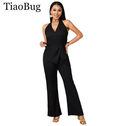 Summer Vacation Women V-neck Sleeveless Jumpsuit Office Lady Black Rompers Layered Bodysuit for Rave Work Party Daily Wear Club