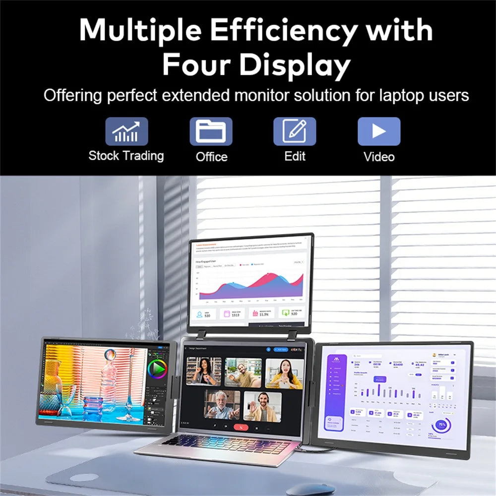 16 Inch Portable Triple Screen LCD Backlit Monitor FHD Display Secondary Extender for Notebook with Single Cable Connection