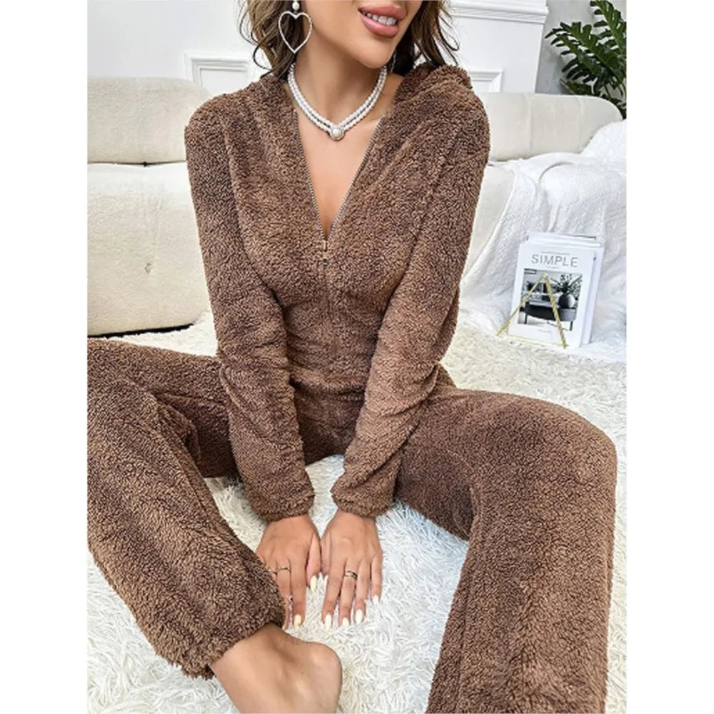 Fashion Plush Ear Hooded One-piece Pajamas Women Autumn Winter New V-neck Long-sleeved Loose Casual Trousers Home Wear Jumpsuits