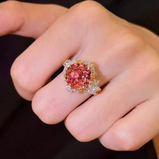 Luxury 9999 24K Solid gold certifid heavy industry 11mm padparadscha corundum lotus cut ring high-end fine jewelry