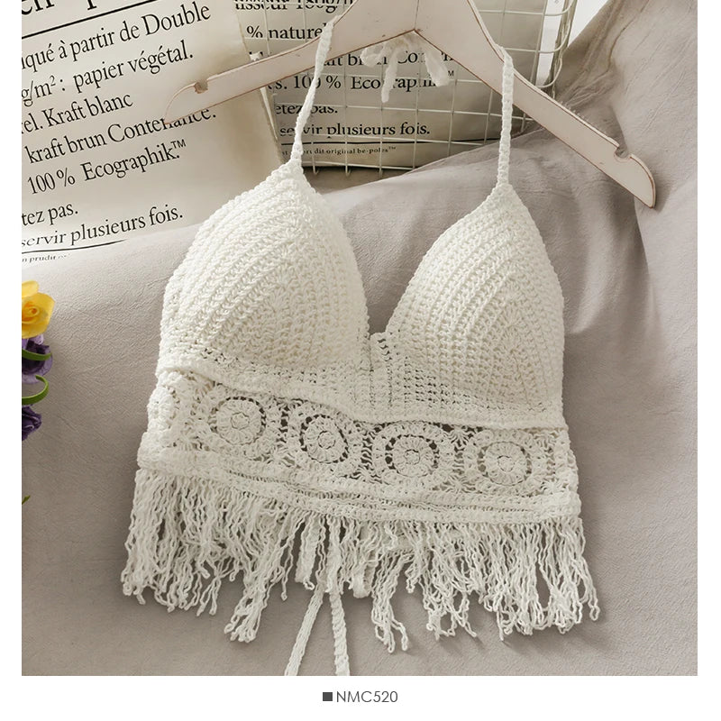 2026 Crop Tops Retro Wild Hollow Perspective Tassel Sexy Spaghetti Strap Tanke Top Women Built In Bra New Back Lace Halter Neck