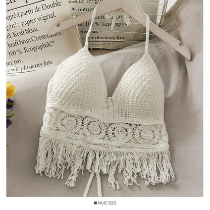 2026 Crop Tops Retro Wild Hollow Perspective Tassel Sexy Spaghetti Strap Tanke Top Women Built In Bra New Back Lace Halter Neck