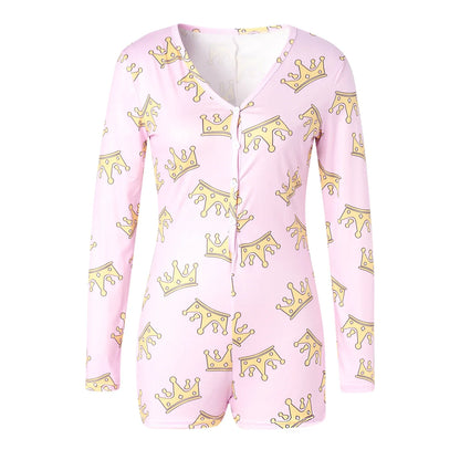 Combhasaki Women's Sexy High Waist Functional Buttoned Flap OnesEies Casual Pattern Print Romper Long Sleeve Playsuit Homewear