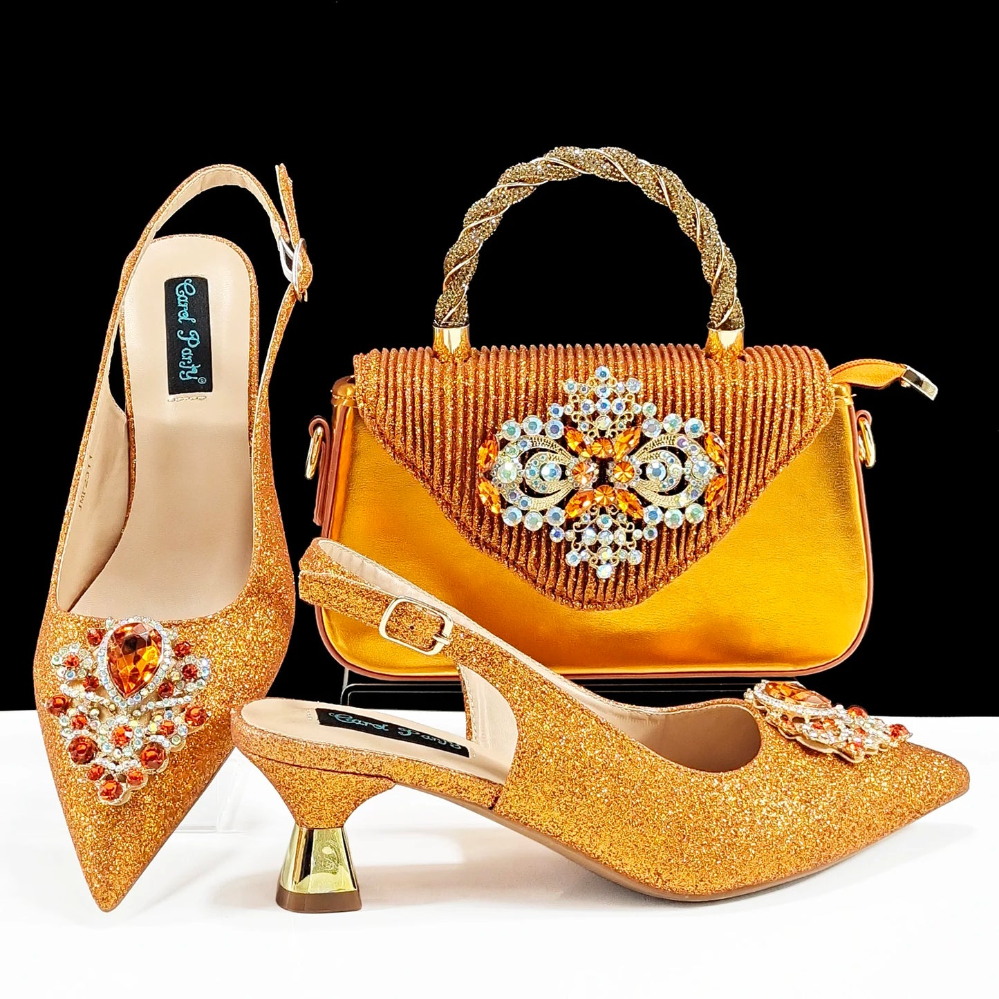 Hot Selling Elegant Noble Colorful Rhinestone Design White Color Party Wedding Pointed Toe High Heel Women Shoes and Bag Set