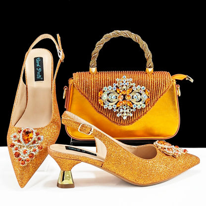 Hot Selling Elegant Noble Colorful Rhinestone Design White Color Party Wedding Pointed Toe High Heel Women Shoes and Bag Set
