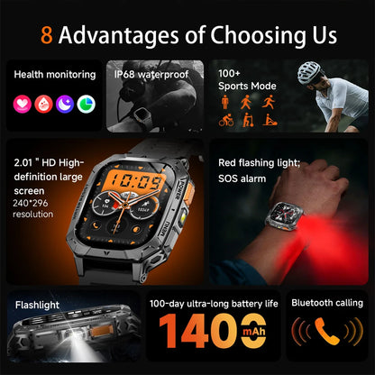 New 1400 mAh Battery Military Smartwatch Men IP68 Waterproof Flashlight Health Monitor Sports Call Smart Watch For iOS Android