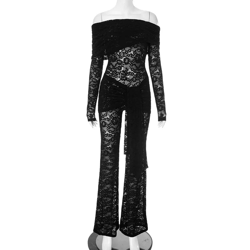 2025 Women's Jumpsuits Lace See Through Long Sleeve Sexy Jumpsuit Fashion Lace Off-shoulder Bodycon High Waist Club Party Outfit