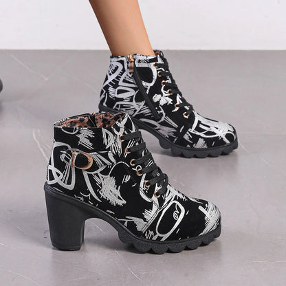Women's Fashion Round Toe Boots High Heeled Women Boots Cross Straps Short Boots Zipper Printed Comfortable High Heeled Shoes
