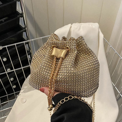 Sparkling Rhinestone Embellished Drawstring Crossbody Bag, Multi-Functional Bucket Purse, Formal Handbag for Women Daily Commute