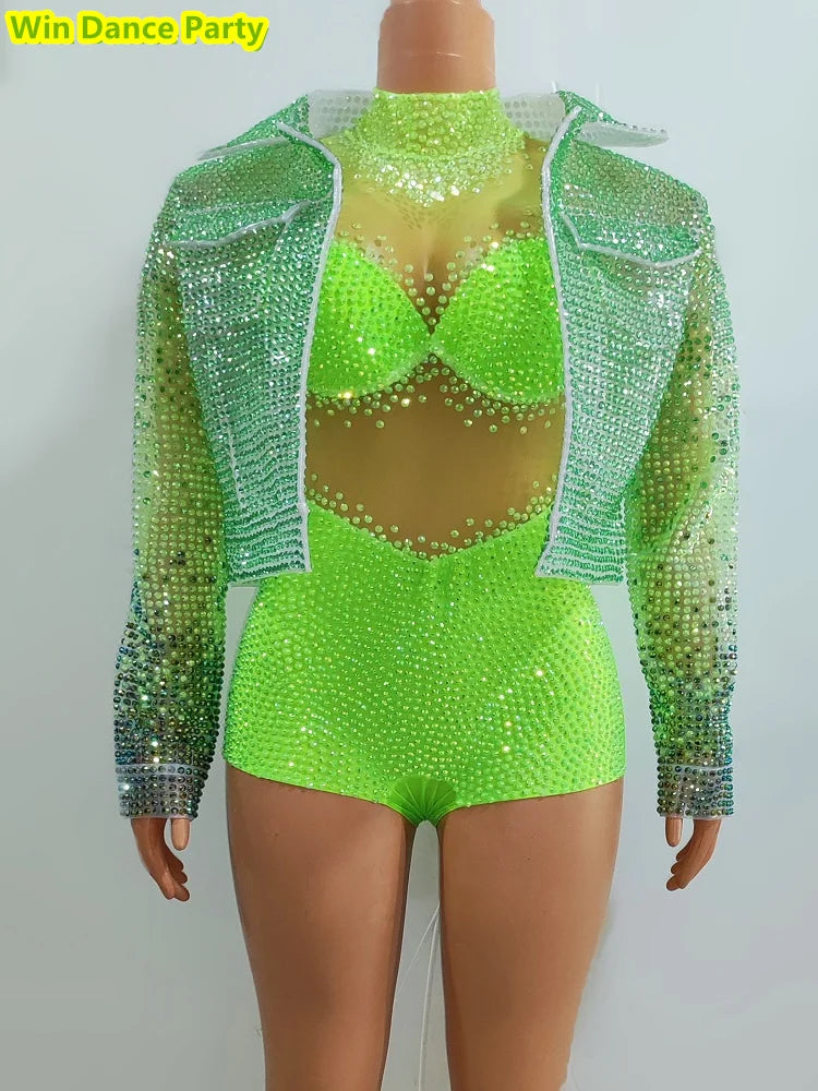 Mesh Fluorescent Full Diamond Slim Fit Hip Wrapped Jumpsuit Jacket Singer Model Nightclub Bar Performance Costume