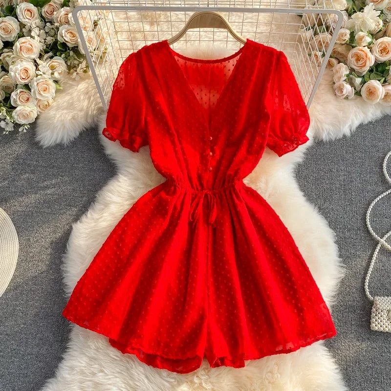 2025 Summer Women Playsuit Polka Dot See Through Thin Beach Rompers Sexy V-neck Short Sleeve Drawstring Sash Slim Waist Overalls