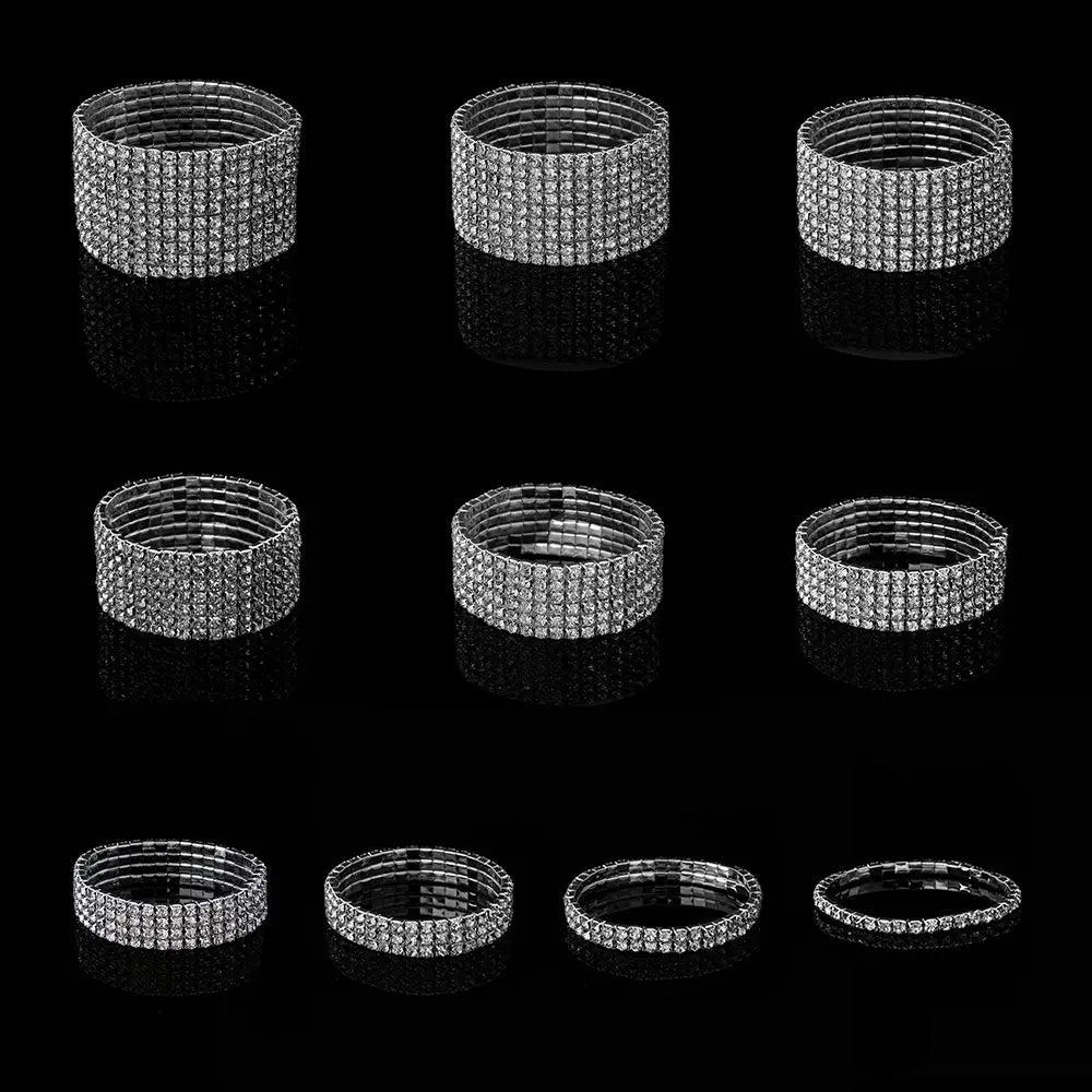 1-10 Rows Fashion Jewelry Bridal Wristband Crystal Rhinestone Elastic Bangle Stretch Bracelet Wedding Bridal Jewelry