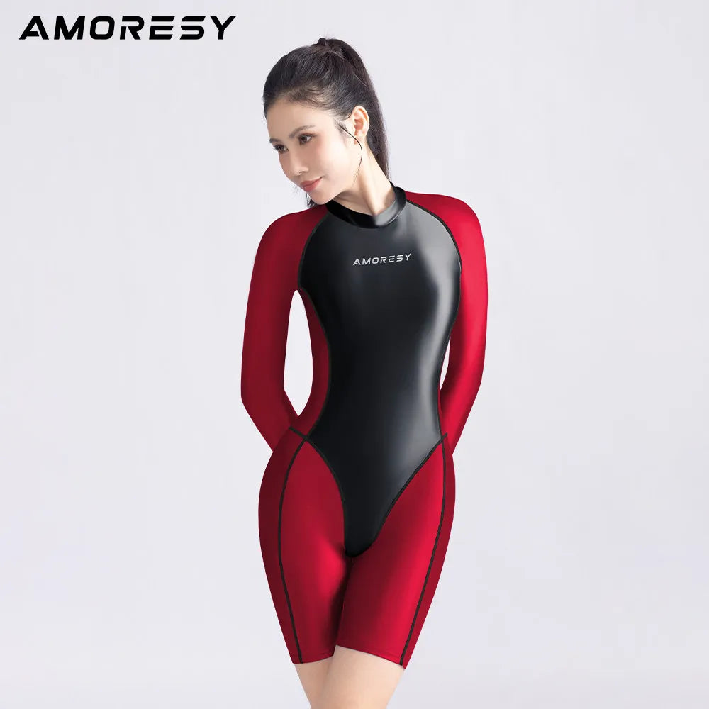 AMORESY Satin glossy bodysuit Long sleeved five quarter pants sports bodysuit color blocked bodysuit back zipper swimsuit