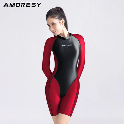 AMORESY Satin glossy bodysuit Long sleeved five quarter pants sports bodysuit color blocked bodysuit back zipper swimsuit