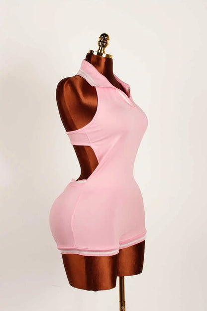 HLJ&GG Summer New Stripe Halter Lapel One Piece Rompers Women Sleeveless Backless Bodycon Jumpsuits Sexy Stretchy Overalls 2025