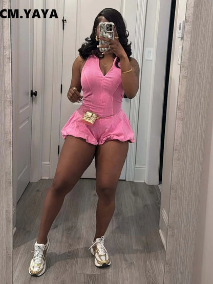 CM.YAYA 2025 Women Sleeveless Knitted Ribbed Patchwork Short Jumpsuit Playsuits Summer Street Elastic Party Romper One Piece Set