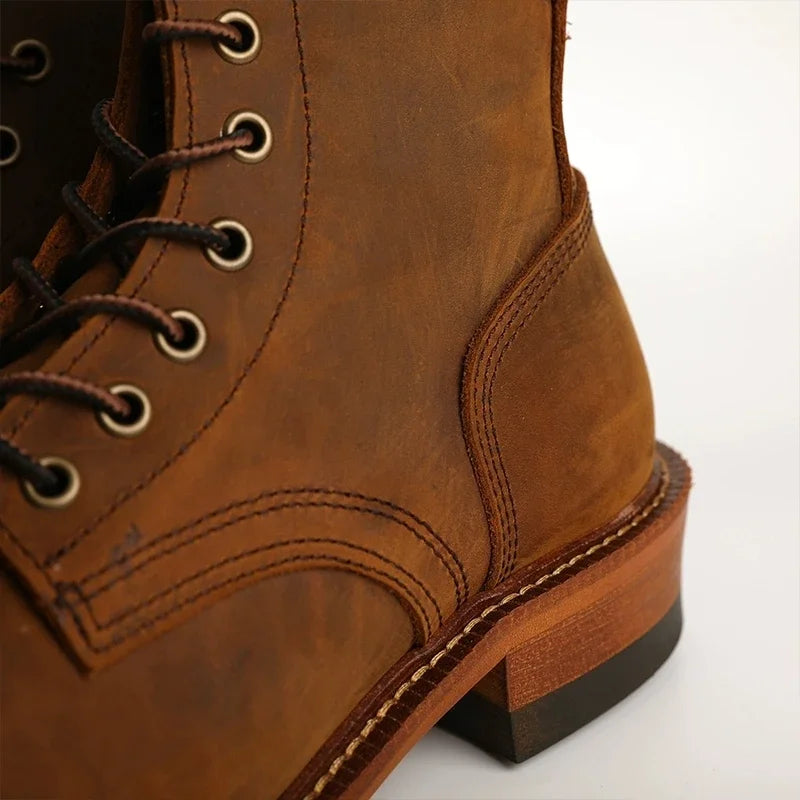 Vintage British High Quality Handmade Men Boots Cow Leather Round Toe Wedge Ankle Boots Spring Winter Tooling Motorcycle Boots