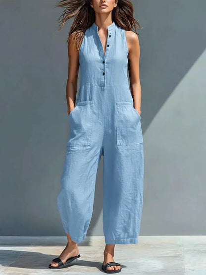 Cotton And Linen Jumpsuit Women Stand Collar Sleeveless Pocket High Waist Wide Legs Jumpsuits Casual Commuting Ladies Bodysuits