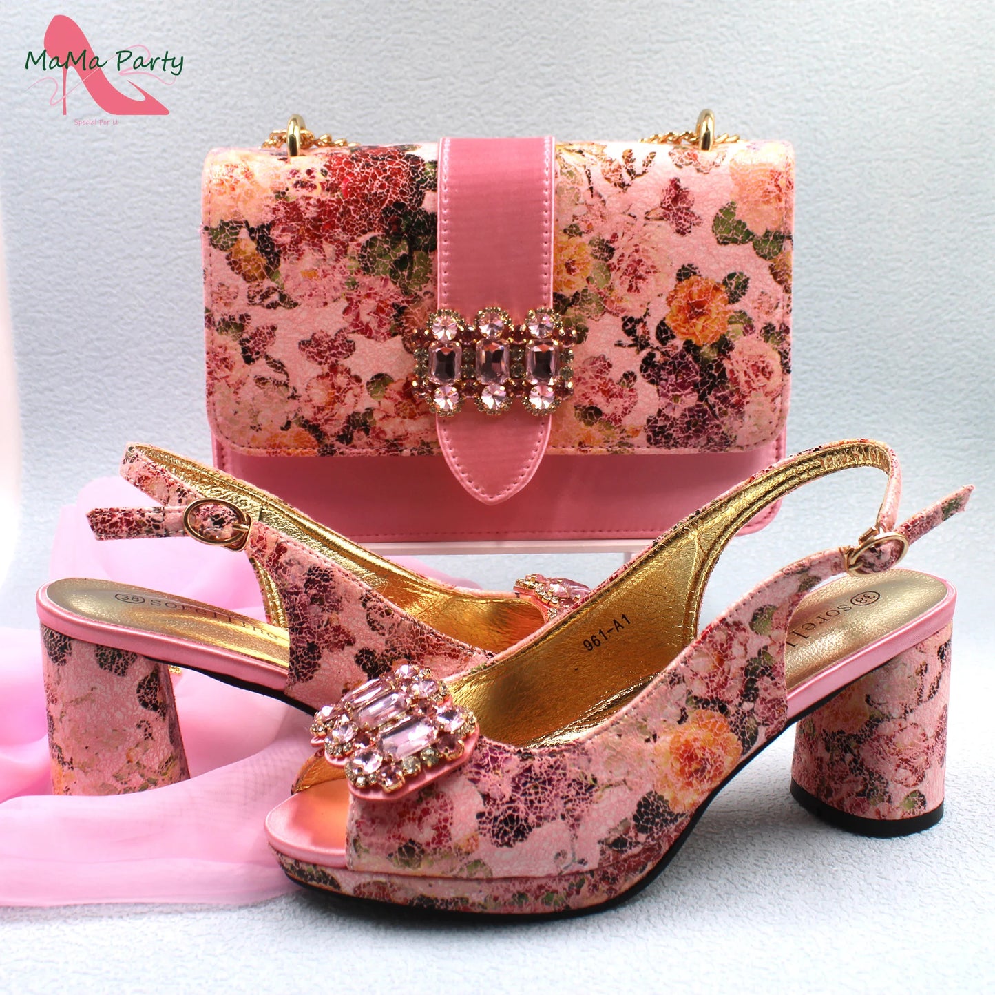 2024 Mature Style High Quality Comfortable Heels Italian Women Shoes and Bag Set with Shinning Crystal in Yellow Color