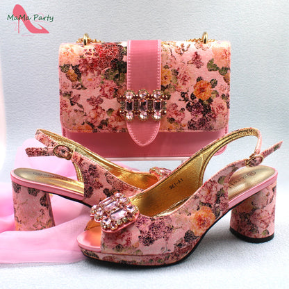 2024 Mature Style High Quality Comfortable Heels Italian Women Shoes and Bag Set with Shinning Crystal in Yellow Color