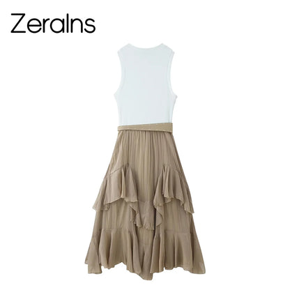 ZERAINS Women's Spring/Summer New Product Versatile Sleeveless Round Neck with Belt Stacked Splicing Tank Top Dress