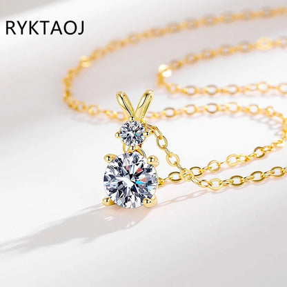 925 Sterling Silver Bowknot Moissanite Pendant Necklace for Women Round 2 Stone Solitaire Necklace Wedding Party Jewelry Gift