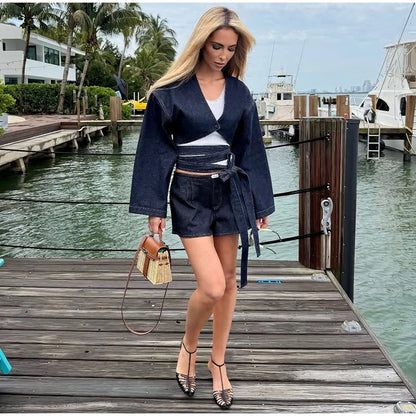 Street Lapel Cropped Coat Shorts Set Women's Solid Single Button Full Sleeve Jackets Ruffles Short Pants 2026 New Lady Outfits