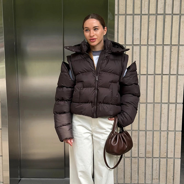 Detachable Sleeve Hooded Quilted Jackets 2026 Winter Ladies Solid 2-in-1 Zippers Waistcoat Cotton Coats Women's Warm Outwear