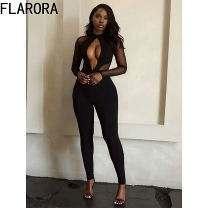 FLARORA Sexy Mesh Patchwork See Through Jumpsuits Woman Long Sleeve Hollow Out Backless Slim Jumpsuit Midnight Party Clubwear