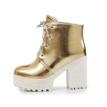British Silver Gold Ankle Boots Women High Chunky Heels Dress Lady Round Toe Lace-up Spring Autumn Vintage Platform Short Boots