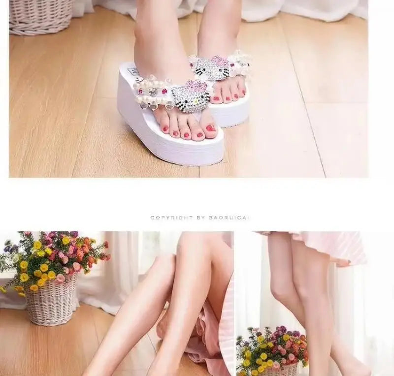 Sanrio Hello Kitty Y2K Soft Flip Flop Sandals Beach Slides Shoes Women Casual Wedge High Heels Platform for Slippers Ladies Gift