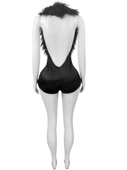 Kricesseen Hot Women's Halter Neck Feather Playsuits One Piece Outfits Summer Sexy Backless Furry Jumpsuits Night Club Outfits