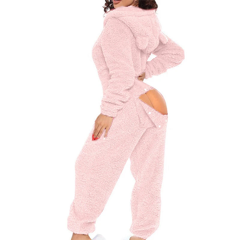 Women Fluffy Hooded Jumpsuits Velvet Plush Casual Loose Hoodies Bodysuits Winter Warm Tracksuits Button Open Butt Rompers 2XL