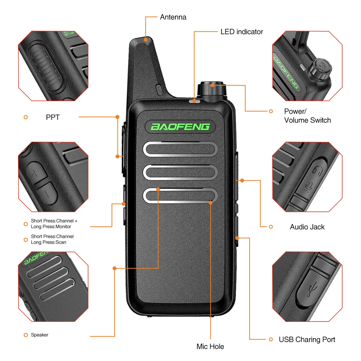2 STUKS Mini Walkie Talkie BF-T20 Portable Two Way Radio Opladen USB VOX Voor UHF 400-470MHZ Lange Afstand Communicatie Radio Up