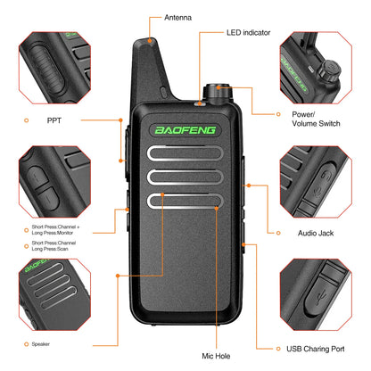 2 STUKS Mini Walkie Talkie BF-T20 Portable Two Way Radio Opladen USB VOX Voor UHF 400-470MHZ Lange Afstand Communicatie Radio Up