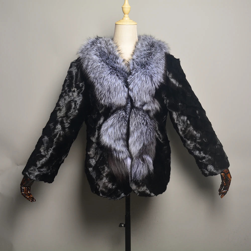 New Real Genuine Natural Mink Fur Coat With Fox Fur Collar Women's Fashion Knit Jacket Cape Lady Winter Real Mink Fur coat