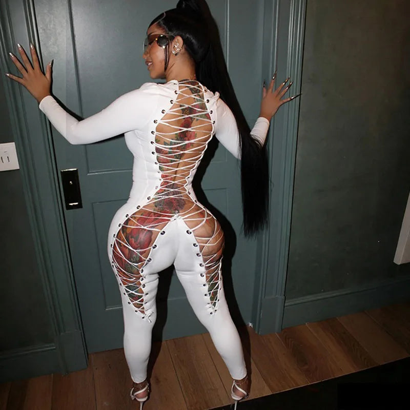 Sexy Party Club Night Out Outfits Woman Jumpsuits and Rompers Long Sleeve Open Back Lace-up Hollow Out Bandage Bodycon Overalls