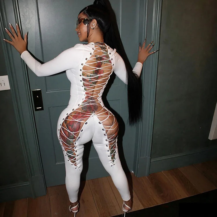 Sexy Party Club Night Out Outfits Woman Jumpsuits and Rompers Long Sleeve Open Back Lace-up Hollow Out Bandage Bodycon Overalls