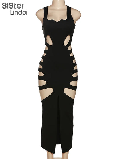 Sisterlinda Sexy Hollow Elegant Midi Dress Women 2023 Summer Sleeveless Hipster Side Split Bodycon Party Clubwear Vestidos Mujer
